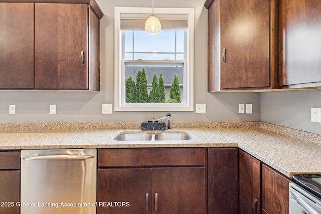 619 Willet Way E, Lansing, MI 48823 - kitchen with stainless steel dishwasher, a sink, dark brown cabinets, and pendant lighting