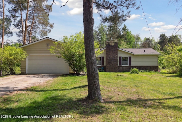 7050 E Eaton Hwy, Sunfield, MI 48890 - view of front of property featuring a chimney, a front yard, brick siding, and a garage