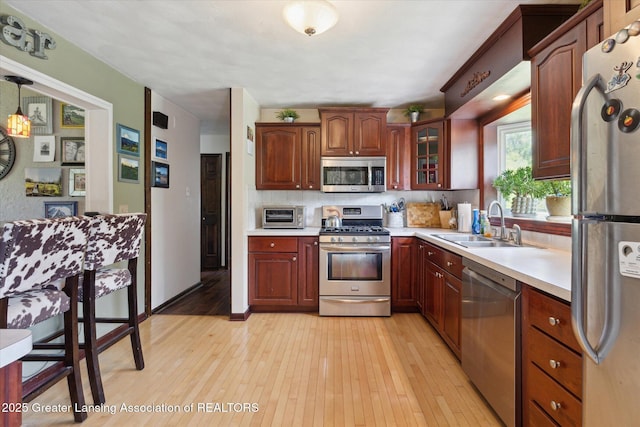 7050 E Eaton Hwy, Sunfield, MI 48890 - kitchen featuring appliances with stainless steel finishes, light countertops, light wood-style flooring, a sink, and glass insert cabinets