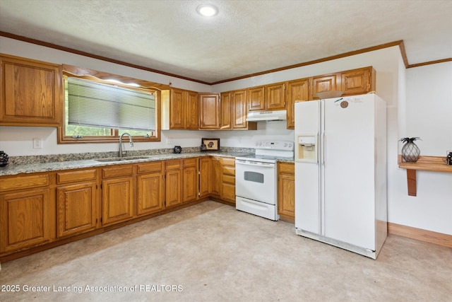 7161 E Eaton Hwy, Mulliken, MI 48861 - kitchen featuring white appliances, a sink, under cabinet range hood, brown cabinetry, and ornamental molding