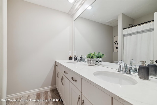 16851 Meadowbrook Dr, Haslett, MI 48840 - full bathroom featuring double vanity, wood finished floors, and baseboards