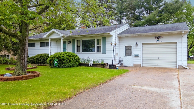 15157 Chetwyn Dr, Lansing, MI 48906 - ranch-style house with a garage, concrete driveway, a front lawn, a chimney, and roof with shingles