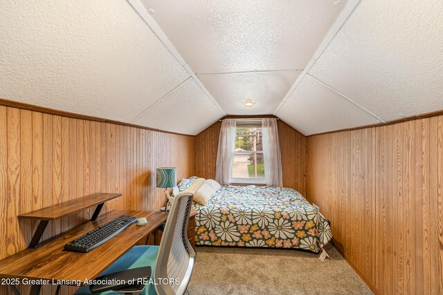 504 Iowa St, Alma, MI 48801 - carpeted bedroom featuring wood walls, a textured ceiling, and lofted ceiling