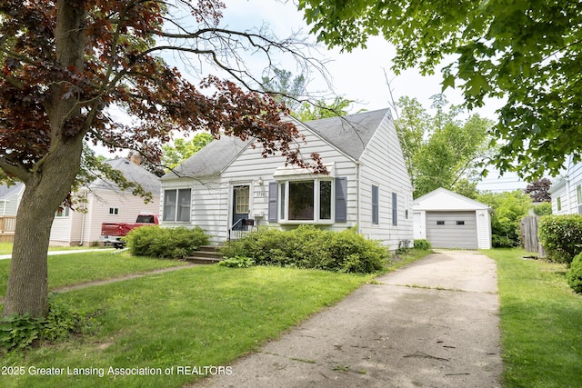 1720 Quentin Ave, Lansing, MI 48910 - bungalow-style house featuring concrete driveway, an outbuilding, a front yard, a garage, and a shingled roof