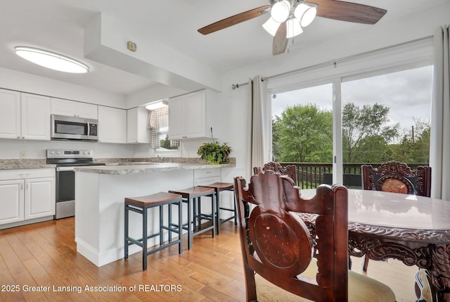 6415 Creyts Rd, Dimondale, MI 48821 - kitchen featuring stainless steel appliances, light wood-type flooring, ceiling fan, and white cabinetry