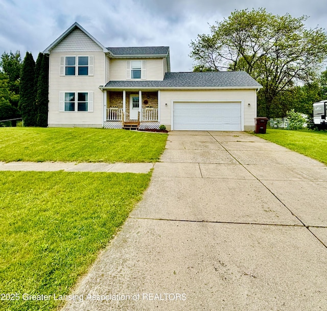 405 N Iris Ln, Laingsburg, MI 48848 - view of front of home featuring covered porch, concrete driveway, a front lawn, and an attached garage