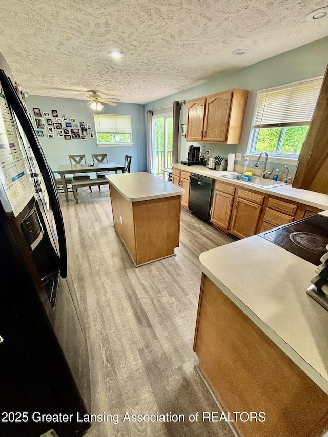405 N Iris Ln, Laingsburg, MI 48848 - kitchen featuring dishwasher, a sink, a center island, light wood-type flooring, and light countertops