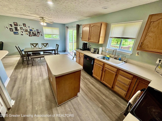 405 N Iris Ln, Laingsburg, MI 48848 - kitchen featuring dishwasher, a sink, light wood-style floors, a textured ceiling, and ceiling fan