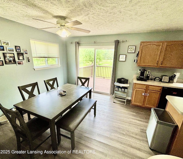 405 N Iris Ln, Laingsburg, MI 48848 - dining area with ceiling fan, a textured ceiling, and light wood-style floors