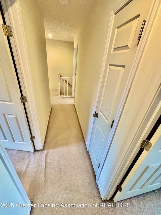 405 N Iris Ln, Laingsburg, MI 48848 - hallway featuring light colored carpet, an upstairs landing, a textured ceiling, and baseboards
