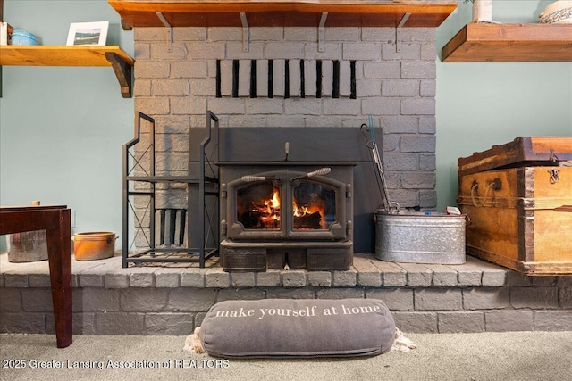 218 Russell St, Grand Ledge, MI 48837 - detailed view of carpet flooring and a wood stove