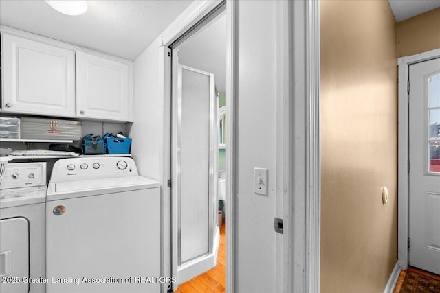 218 Russell St, Grand Ledge, MI 48837 - laundry room with cabinet space, washer and clothes dryer, light wood finished floors, and baseboards