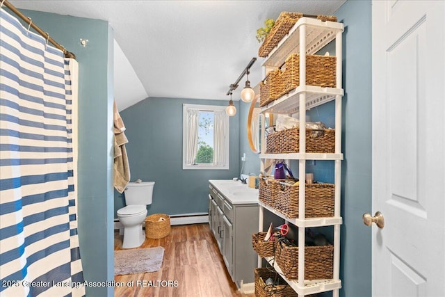218 Russell St, Grand Ledge, MI 48837 - bathroom with wood finished floors, vanity, toilet, a baseboard radiator, and vaulted ceiling