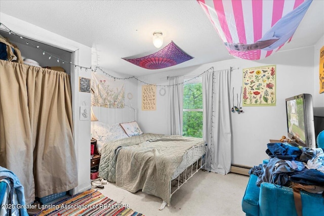 218 Russell St, Grand Ledge, MI 48837 - bedroom with carpet, a baseboard radiator, and a textured ceiling