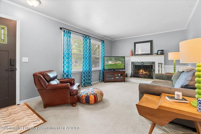 420 John R St, East Lansing, MI 48823 - living area with ornamental molding, baseboards, a brick fireplace, and carpet flooring