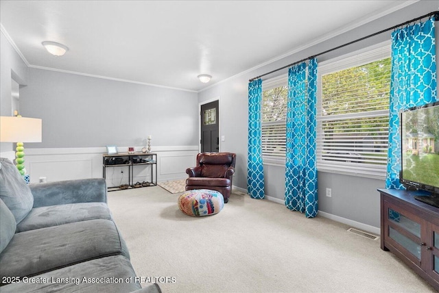420 John R St, East Lansing, MI 48823 - living room with crown molding, carpet flooring, and a wainscoted wall