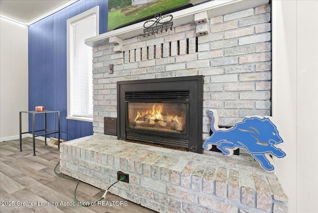 407 Kearney St, Portland, MI 48875 - detailed view of wood finished floors, a fireplace, and baseboards