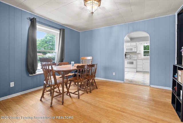 407 Kearney St, Portland, MI 48875 - dining space featuring arched walkways, light wood-type flooring, wooden walls, baseboards, and ornamental molding