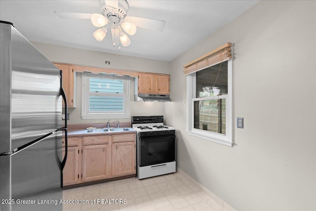 1218 Woodbine Ave, Lansing, MI 48910 - kitchen featuring freestanding refrigerator, white gas range oven, under cabinet range hood, a sink, and light flooring