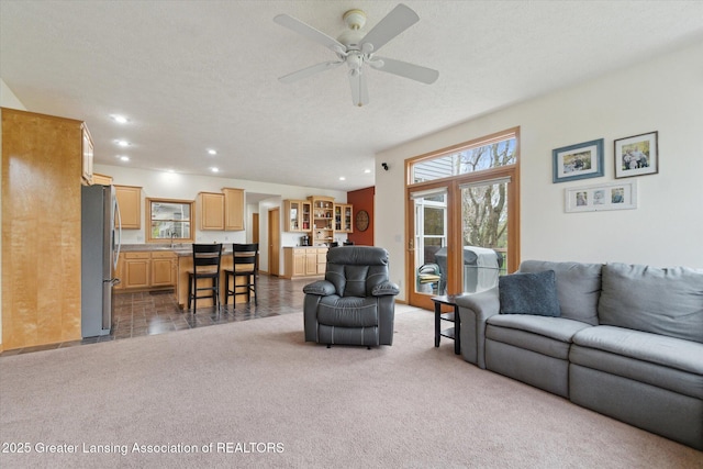 549 Riverwalk Dr, Mason, MI 48854 - carpeted living area with a sink, ceiling fan, a textured ceiling, and recessed lighting