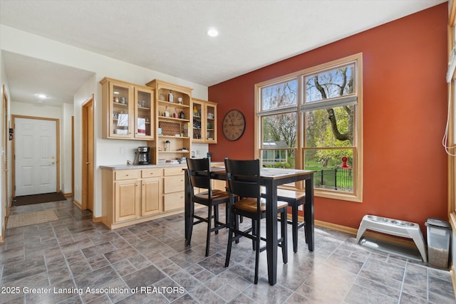 549 Riverwalk Dr, Mason, MI 48854 - dining space featuring baseboards, dark stone finish floors, and recessed lighting