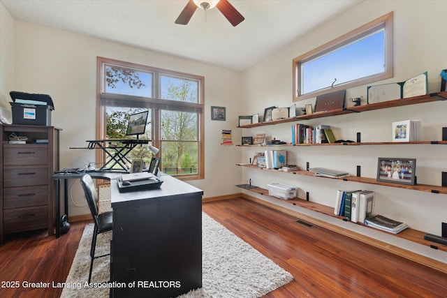 549 Riverwalk Dr, Mason, MI 48854 - office area with ceiling fan, dark wood-type flooring, and baseboards