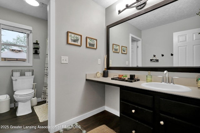 722 Fieldview Dr, Grand Ledge, MI 48837 - bathroom featuring toilet, wood finished floors, vanity, baseboards, and a textured ceiling