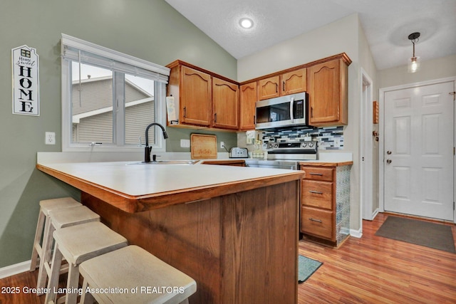 722 Fieldview Dr, Grand Ledge, MI 48837 - kitchen featuring appliances with stainless steel finishes, a sink, baseboards, light wood-style floors, and a breakfast bar area