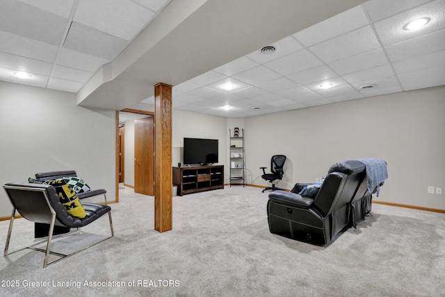 722 Fieldview Dr, Grand Ledge, MI 48837 - carpeted living room featuring a drop ceiling and baseboards