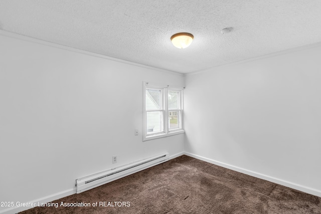 316 S Rosemary Ave, Lansing, MI 48917 - empty room featuring a baseboard heating unit, dark carpet, a textured ceiling, and crown molding