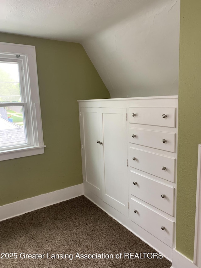 575 Brookland Blvd, Lansing, MI 48910 - additional living space with vaulted ceiling, dark colored carpet, and baseboards