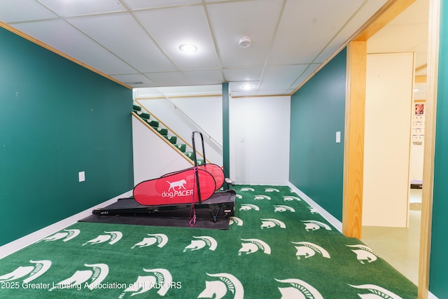 2305 Post Oak Ln, Lansing, MI 48912 - workout area featuring carpet flooring, baseboards, a paneled ceiling, and recessed lighting