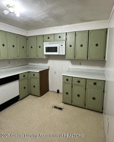 9882 W M 21, Ovid, MI 48866 - kitchen featuring green cabinets, white appliances, light flooring, and light countertops