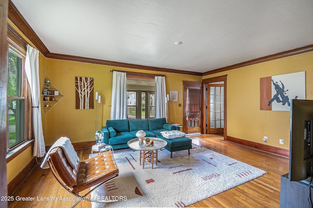 1417 W Ottawa St, Lansing, MI 48915 - living area with wood finished floors, baseboards, and crown molding
