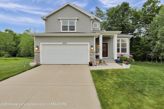 4269 Tamarack St, Holt, MI 48842 - traditional-style home with an attached garage, a front yard, concrete driveway, and stone siding