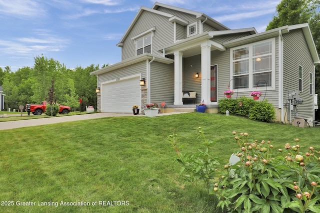 4269 Tamarack St, Holt, MI 48842 - view of front of home with concrete driveway, a front lawn, covered porch, and a garage