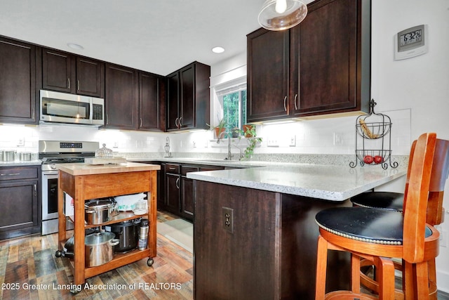 4269 Tamarack St, Holt, MI 48842 - kitchen featuring stainless steel appliances, a sink, dark brown cabinetry, a peninsula, and recessed lighting