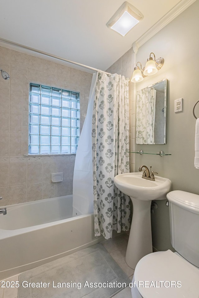 1451 Harvard Rd, East Lansing, MI 48823 - full bath with toilet, shower / bath combination with curtain, tile patterned flooring, and crown molding