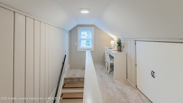 1451 Harvard Rd, East Lansing, MI 48823 - stairway with vaulted ceiling and carpet floors