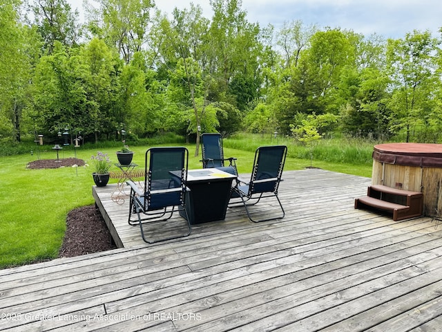 11195 W Herbison Rd, Eagle, MI 48822 - wooden terrace with a hot tub, a yard, and a fire pit