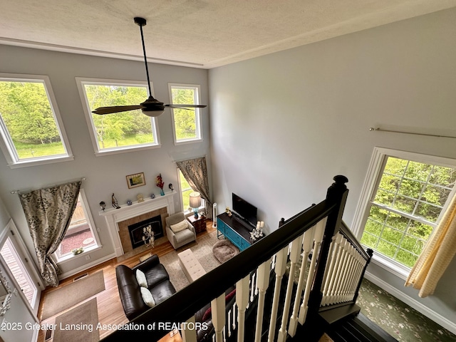 11195 W Herbison Rd, Eagle, MI 48822 - living room featuring plenty of natural light, a fireplace, wood finished floors, baseboards, and a textured ceiling
