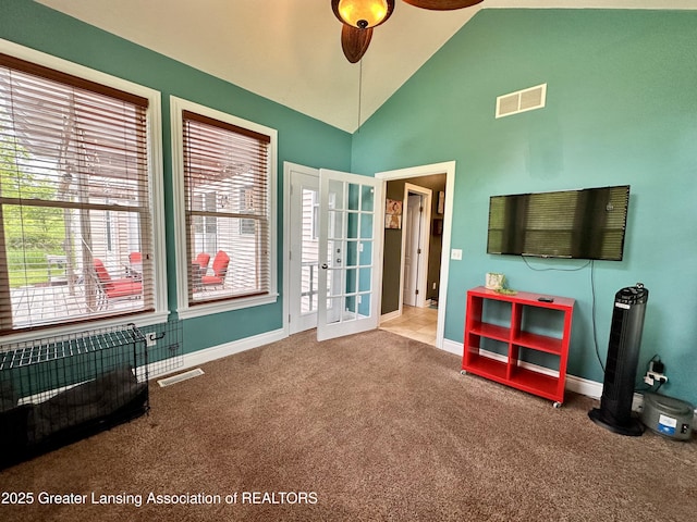 11195 W Herbison Rd, Eagle, MI 48822 - sitting room with carpet floors, ceiling fan, healthy amount of natural light, vaulted ceiling, and baseboards