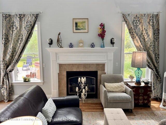 11195 W Herbison Rd, Eagle, MI 48822 - living room with wood finished floors, healthy amount of natural light, and a tile fireplace