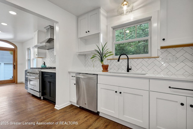 350 Kensington Rd, East Lansing, MI 48823 - kitchen featuring appliances with stainless steel finishes, wall chimney range hood, a sink, light countertops, and white cabinets