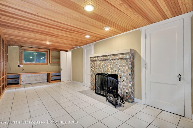 350 Kensington Rd, East Lansing, MI 48823 - unfurnished living room with wood ceiling, a fireplace, light tile patterned flooring, and recessed lighting