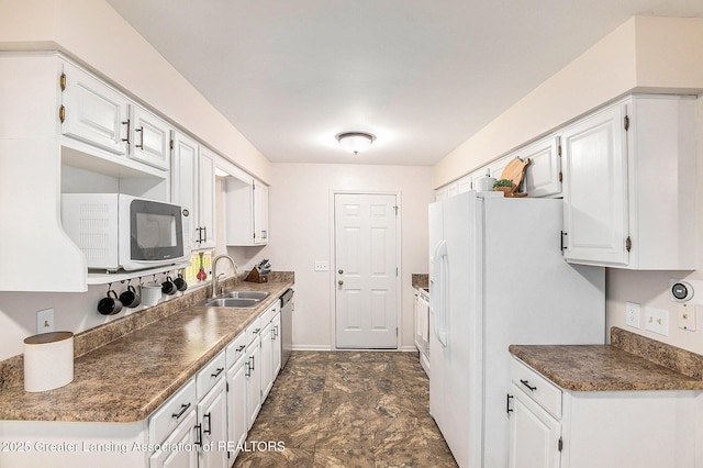 8450 Pineview Lake Dr, Linden, MI 48451 - kitchen featuring a sink, white appliances, white cabinetry, and dark countertops