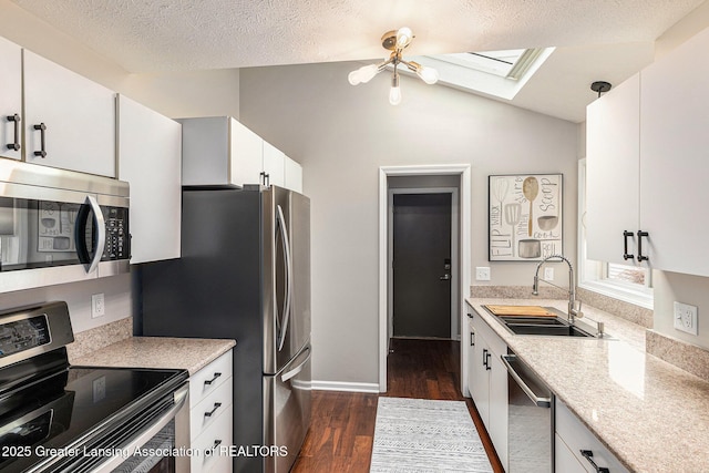 1146 S Ridge Rd, Lansing, MI 48917 - kitchen featuring appliances with stainless steel finishes, a sink, a skylight, dark wood-style floors, and vaulted ceiling