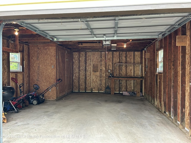 657 Spartan Ave, East Lansing, MI 48823 - garage featuring a garage door opener and wood walls