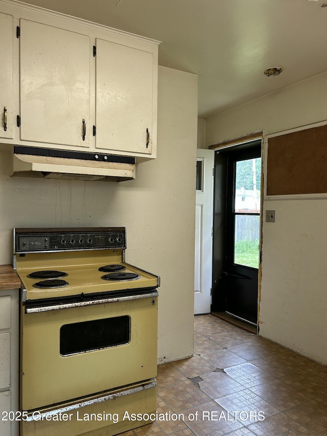 657 Spartan Ave, East Lansing, MI 48823 - kitchen featuring electric stove, under cabinet range hood, and white cabinets