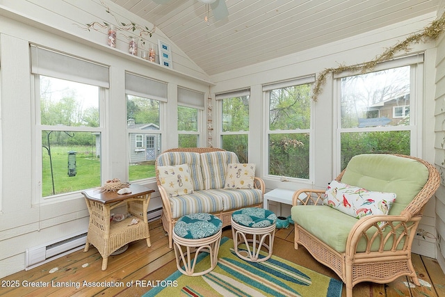 4767 Mohican Ln, Okemos, MI 48864 - sunroom with lofted ceiling, plenty of natural light, a baseboard heating unit, and a ceiling fan